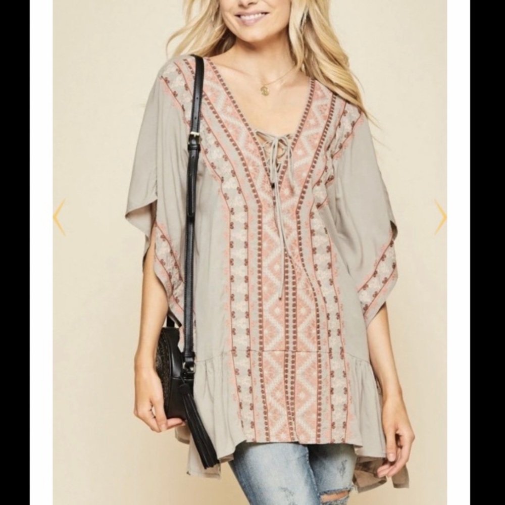Boho Lace-Up Embroidered Tunic Top in Taupe